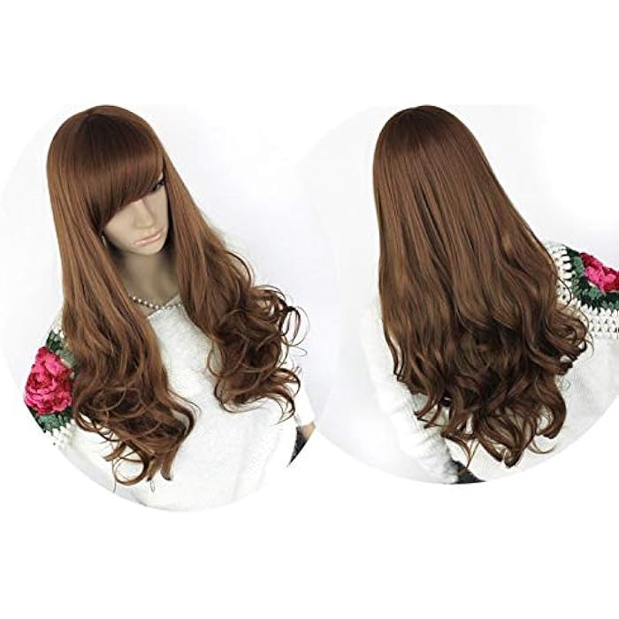 DILLARDS Fashion Fluffy Elegant Long Curly Oblique Bangs Wigs Brown For Women 005-2 - Image 4